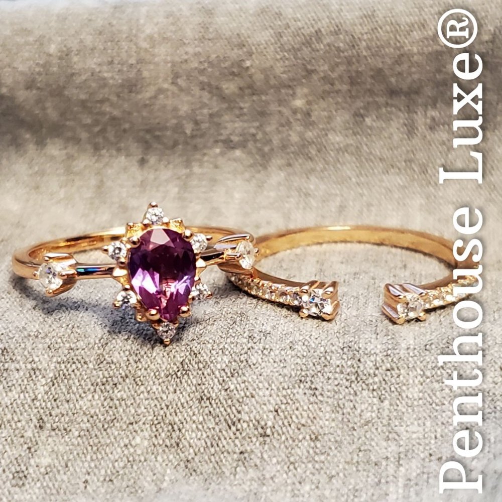 REAL Alexandrite Pear Cut 18k Rose Gold 925 Silver Ring Set - Picture 2 of 5